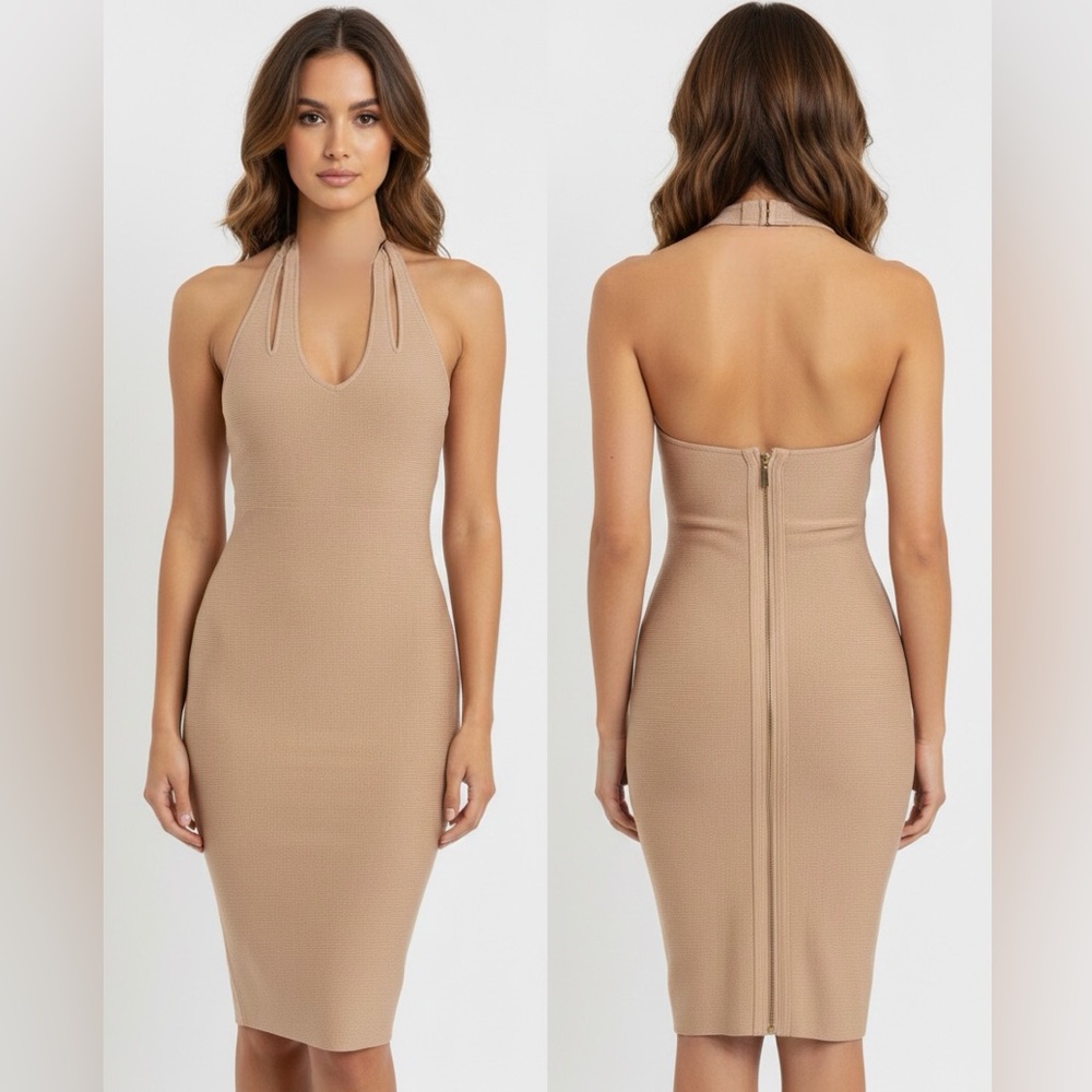 Marciano Chic Tan Backless Dress nude Bodycon bandage midi dress sexy party chic